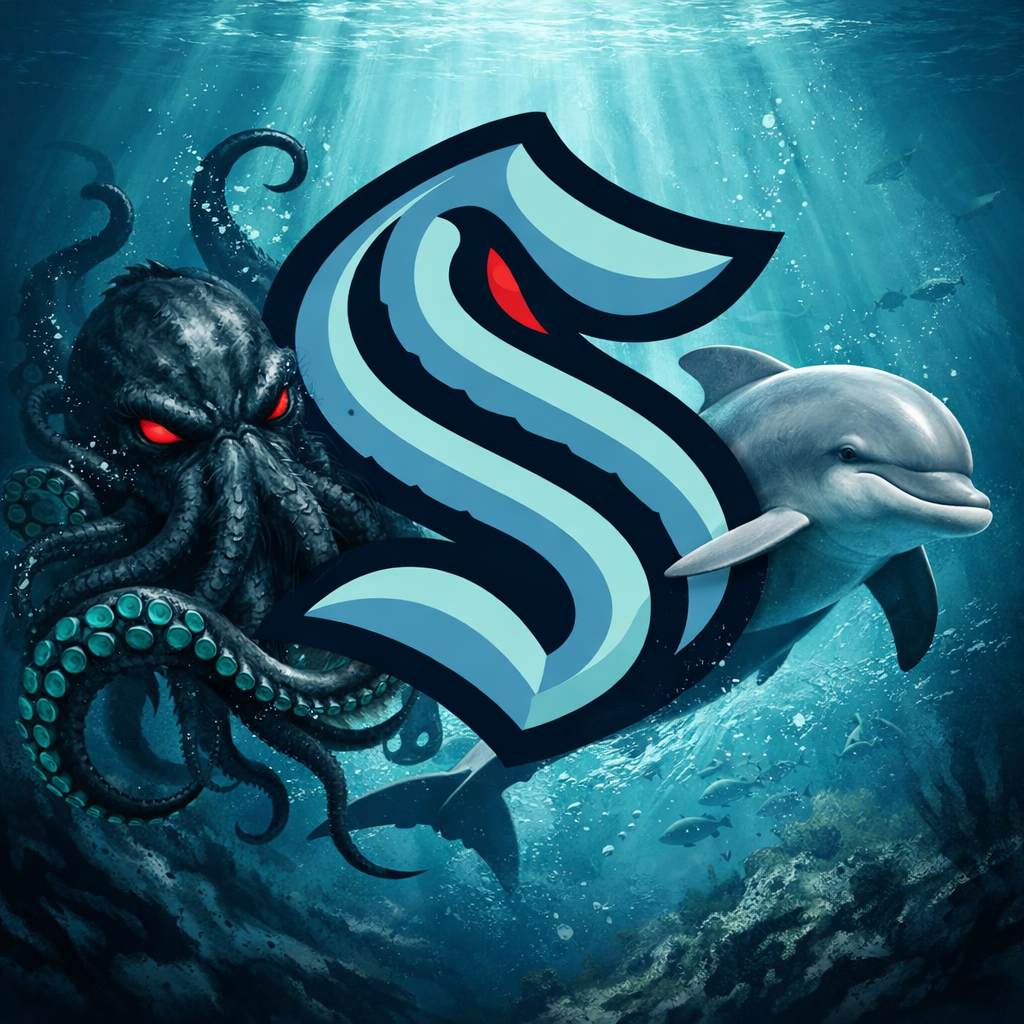 kraken logo with a kraken and dolphin
